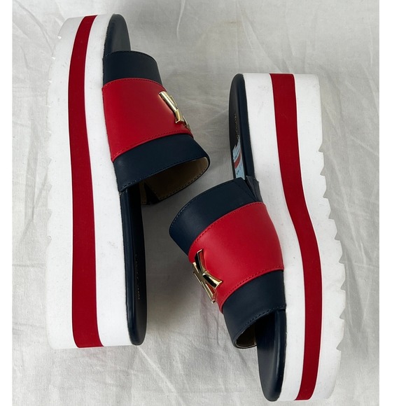 Michael Kors Logo Platform Wedge Slides Sandals Red Navy White Women 6.5 Leather - Picture 6 of 9